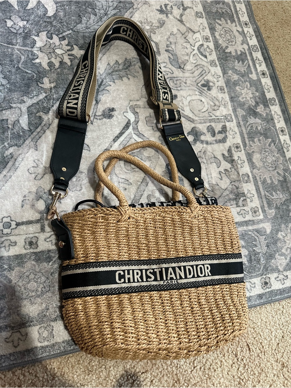 Dior Natural Straw Tote with Black 'ChristianDior' Band and Straps - Picture 2 of 7